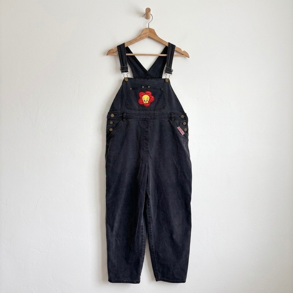 Vtg 90s Looney Tunes Tweety Bird Black Denim Overalls 1997 Streetwear Kidcore